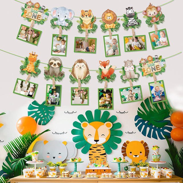 WEIGAO Foto-Wimpelkette Wild One Safari-Thema für den 1. Geburtstag, Mehrfarbiges Papier-Banner mit Tiermotiven zur Party-Dekoration - Bild 1