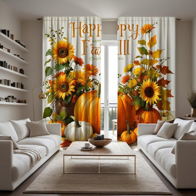 2er-Set Dekovorhang Erntedankfest mit Sonnenblumen, Kürbis und gelben Schleifen, Digital bedruckt, Mehrfarbig, B: 132 cm, H: 160 cm - Bild 1