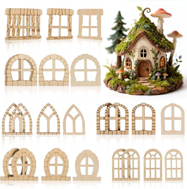 WINOMO Miniatur Holztür und Fenster Set aus Holz, 25 Stück, unvollendet für DIY-Handwerk und Dekoration - Bild 1
