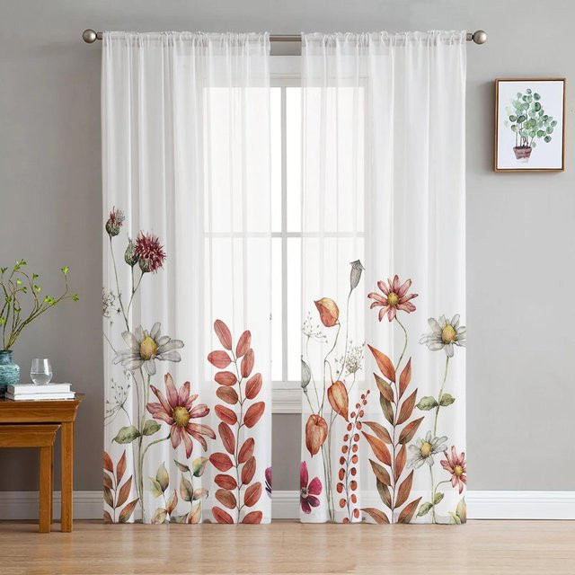 Yiran Furniture Transparente Voile-Vorhänge mit Wildblumen-Design in Weiß, Breite: 135 cm, Höhe: 115 cm - Bild 1