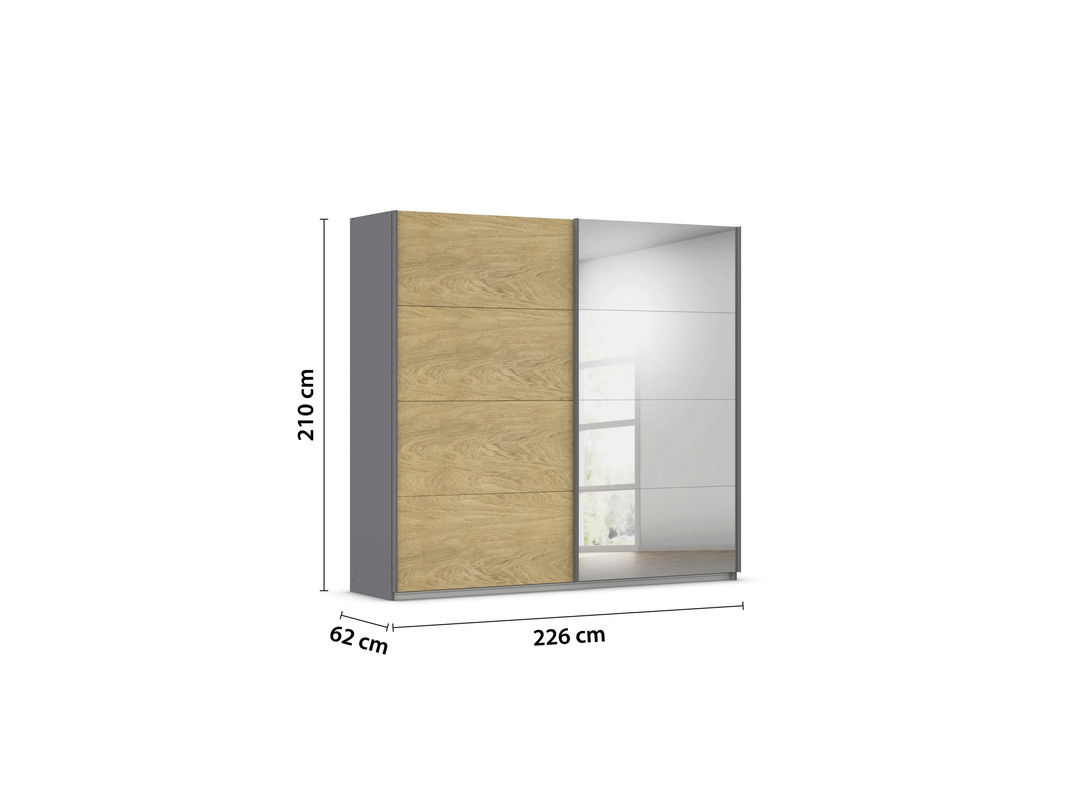 RAUCH Malva-Extra Schwebetürenschrank mit Spiegel in Eiche Furnier und Grau, Breite: 226 cm, Höhe: 210 cm - Bild 2
