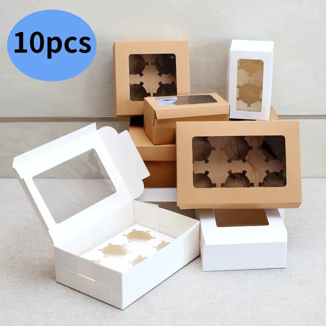 10 Stück Cupcake-Verpackungsboxen aus Kraftpapier mit Fenster für Muffins, Kekse und Pralinen, Weiß - Bild 1