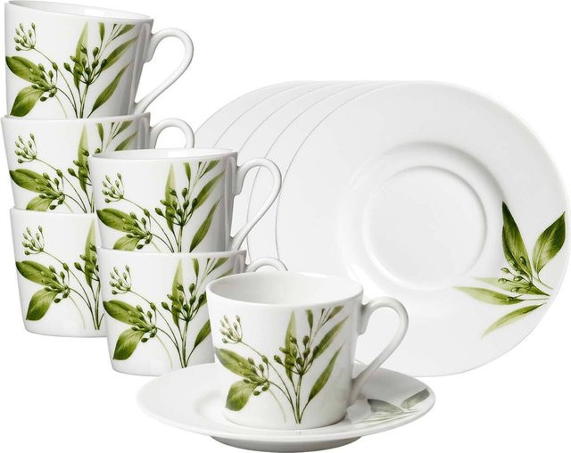 Ritzenhoff & Breker Espressotassen mit Untertassen Evora aus Porzellan, 6er Set, Floral, Grün/Weiß, 100 ml - Bild 1