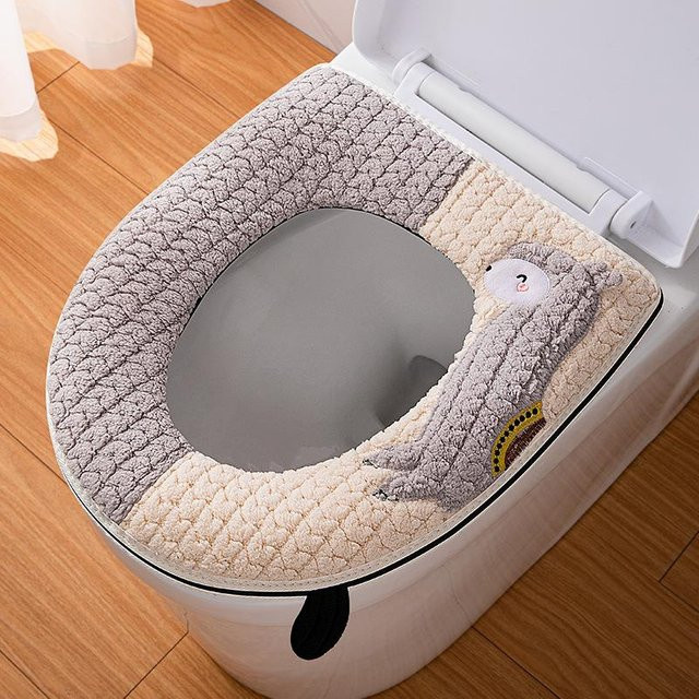 Yiran Furniture Toilettensitzkissen mit Reißverschluss und Plüschgriff, universeller Toilettendeckelbezug für das Badezimmer, Grau - Bild 1