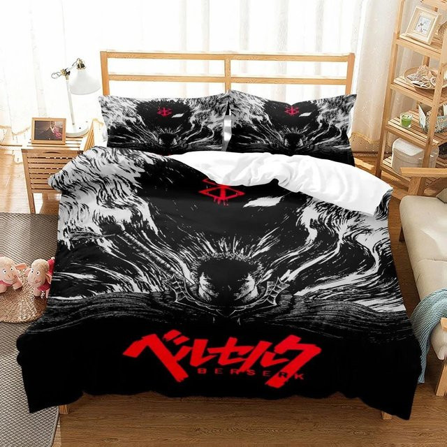 Berserk Anime Bettwäsche-Set aus Mikrofaser mit Bezug und Kissenbezug, Schwarz, B/H: 135 x 200 cm - Bild 1