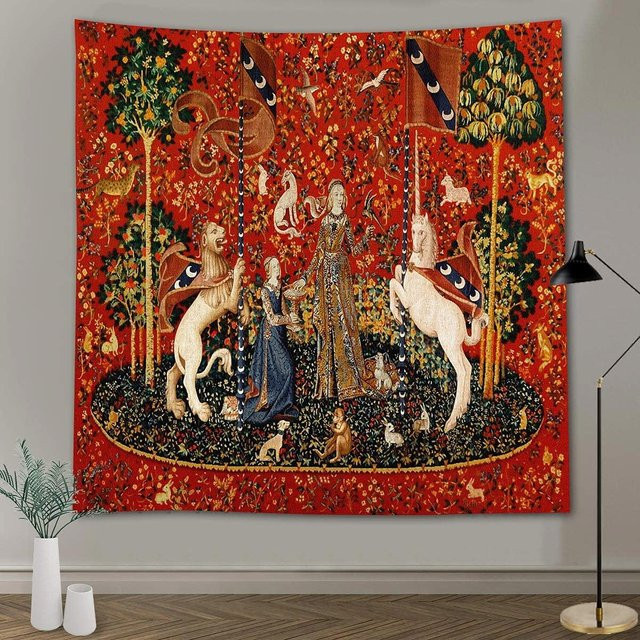 Wandteppich Mittelalterliche Dame und Einhorn Kunstdruck Wandbehang von JMG Household Supplies, Farbe: Rot, Breite: 150 cm, Höhe: 100 cm - Bild 1