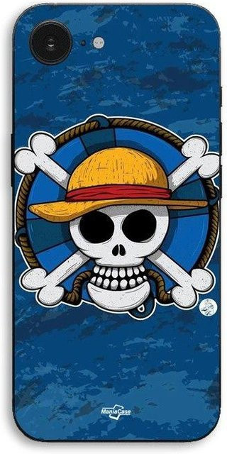 MANIACASE iPhone 16E Hülle mit One Piece Totenkopf Logo im Manga Anime Design in Blau und Schwarz - Bild 1