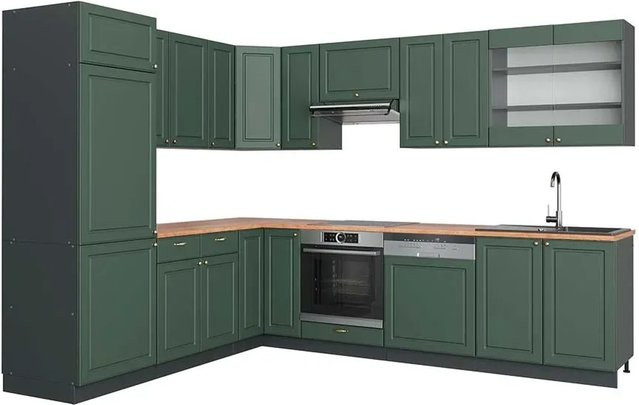 Vicco Fame-Line Eckküche Landhausstil in Grün-Gold und Anthrazit mit Eiche-Optik, B/T/H: 227 x 287 x 82 cm - Bild 1