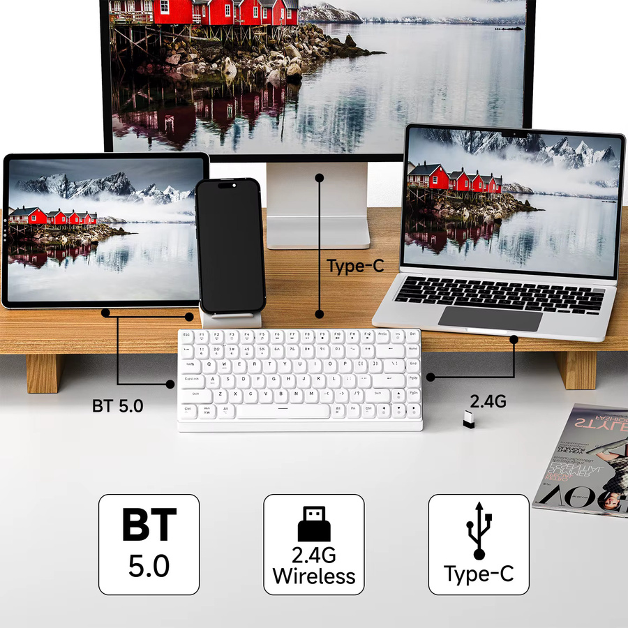 EWEADN Tri-Mode Gaming-Tastatur mit 84 Tasten, Low Profile mechanische Tastatur mit weißer Hintergrundbeleuchtung für PC und Laptop - Bild 3