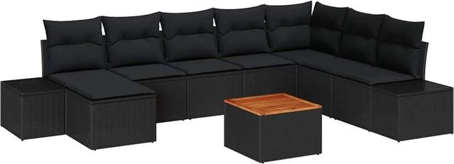 vidaXL Garten-Sofa-Set 9-tlg. in Schwarz aus Poly Rattan mit Kissen und Gartentisch in U-Form - Bild 1