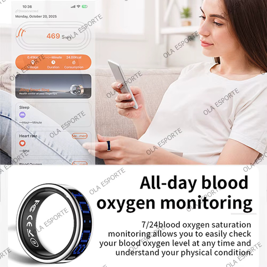 Ola Esporte Smart Ring Gold mit LED-Anzeige zur Herzfrequenz- und Blutsauerstoff-Überwachung, 5 ATM Wasserdicht, Unisex - Bild 4