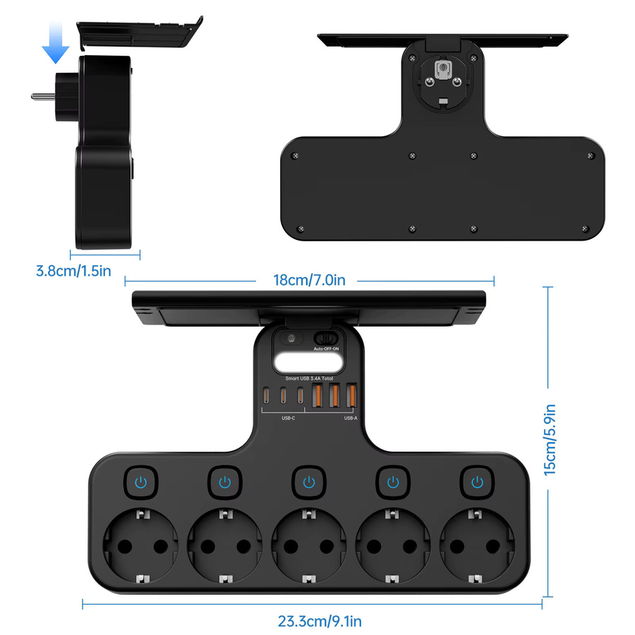 Multifunktions-Steckdosenleiste in Schwarz mit 4000 W, Wandmontage, unabhängigen Schaltern, Sensor-Nachtlicht sowie 3 USB-C und 3 USB-A Ladeanschlüssen - Bild 6