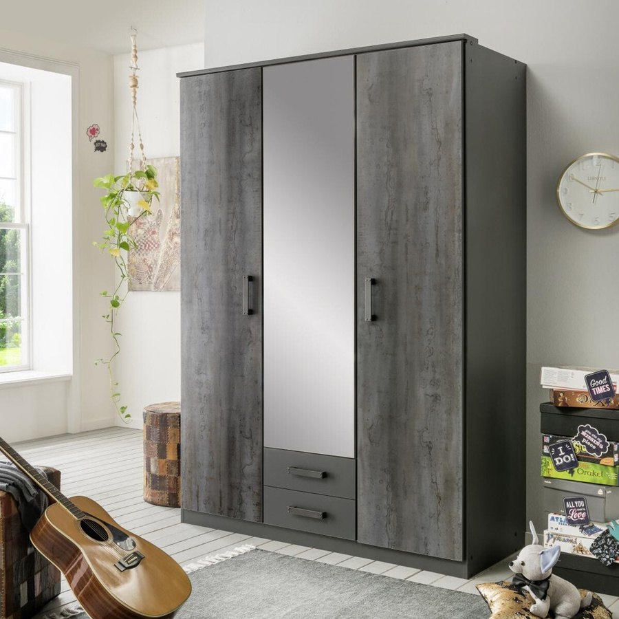 Kleiderschrank Duisburg in Graphit mit Spiegeltüren und integrierten Schubladen, B/H/T: 135 x 199 x 58 cm - Bild 2