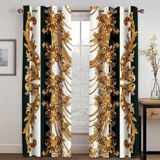 A Family Of Home Textiles Barock Luxus Vorhang Set in Schwarz und Gold, 2 semi-transparente Stoffbahnen mit Ösen, Höhe: 214 cm, Breite: 220 cm - Bild 1