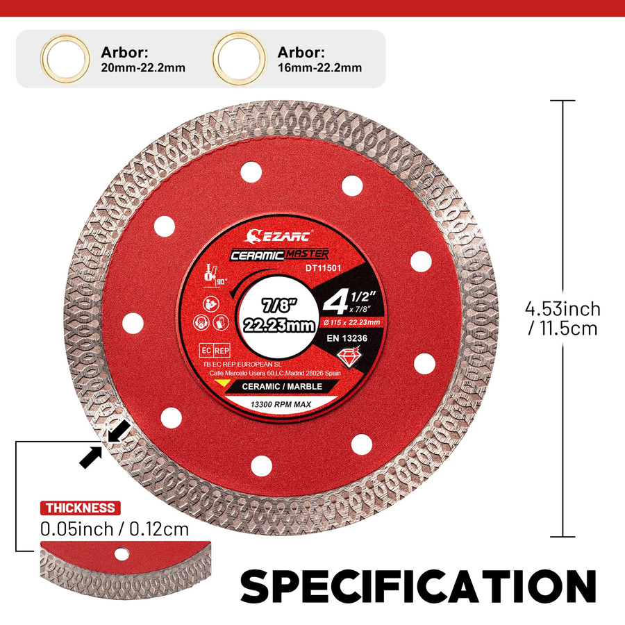 EZARC Diamantklinge 115 mm für Winkelschleifer zum Schneiden von Fliesen, Porzellan, Keramik, Granit und Marmor - Bild 2