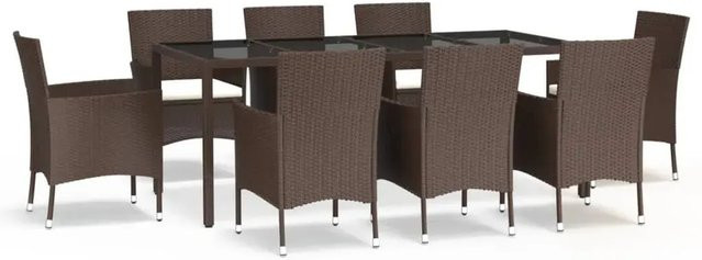 vidaXL 9-teilige Garten-Essgruppe aus Poly Rattan in Braun mit cremeweißen Kissen und Hartglas-Tischplatte - Bild 1
