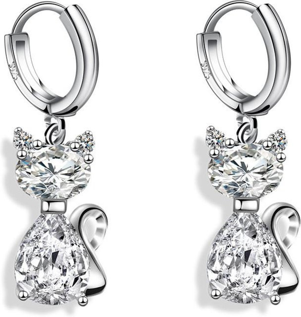 Creolen Katze, Silber Farbe, Zirkonia, Damen - Bild 1