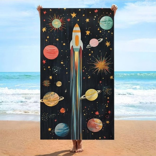 Strandtuch mit Weltraumrakete und buntem Planeten-Design von Shanika Chen, Mikrofaser, Multicolor, Breite: 45 cm, Höhe: 90 cm - Bild 1