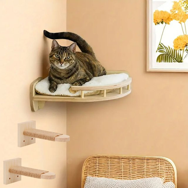 CWV Katzenwandregale aus Holz in Beige mit 2-stufigem Kletterregal und Hängematte - Bild 1