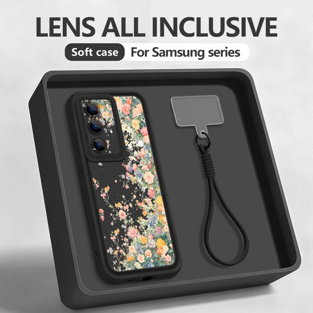 Samsung Handyhülle aus weichem Silikon mit Blumenmuster und Schlüsselband in Schwarz und Multicolour für Galaxy S25 S24 S23 S22 Ultra Plus und Edge Modelle - Bild 1