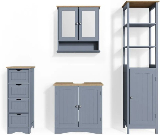 Vicco 4er Badmöbel Set Bianco in Grau im Landhausstil mit Spiegelschrank, Unterschrank und Hochschrank