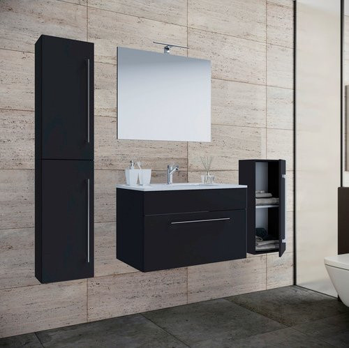VCM Badmöbel-Set Badinos in Schwarz Matt mit Waschtisch, Hochschrank und Spiegelschrank, B/H/T: 80 x 153 x 46 cm - Bild 1
