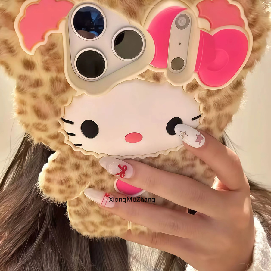 Flauschige Hello Kitty Handyhülle mit Leopardenmuster für Apple iPhone 17 16 15 14 13 Pro Max Plus in Multicolour - Bild 2