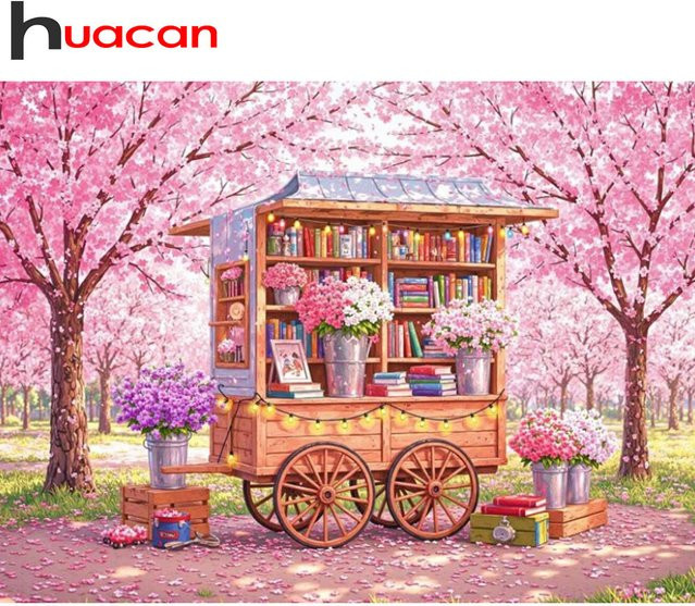 Huacan 5D Diamantgemälde Set Kirschblütenbaum und Bücherregal mit Blumen als Landschaftsmosaik in Multicolour, B/H: 30 x 30 cm - Bild 1