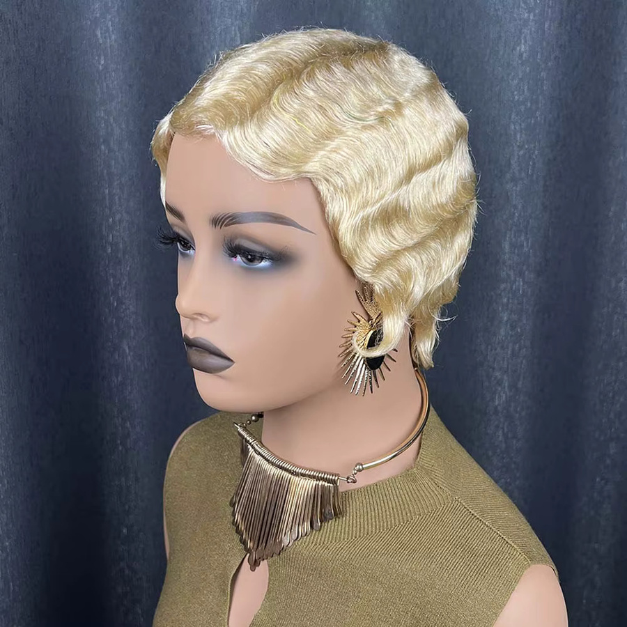 OYM HAIR Perücke, blonde Fingerwelle, kurzer Pixie-Schnitt, Remy-Echthaar, Damen - Bild 1