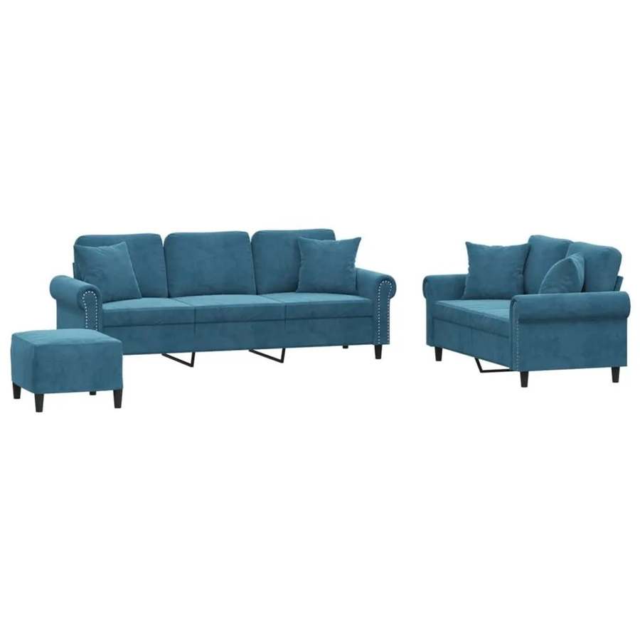 vidaXL 3-teilige Sofagarnitur aus Samt in Blau mit 3-Sitzer, 2-Sitzer und passendem Ottoman sowie Kissen - Bild 2