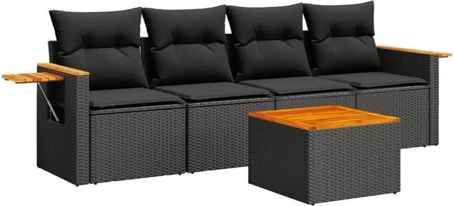 vidaXL 5-teilige Garten-Sofagarnitur aus Poly-Rattan und Akazienholz in Schwarz mit Kissen - Bild 1