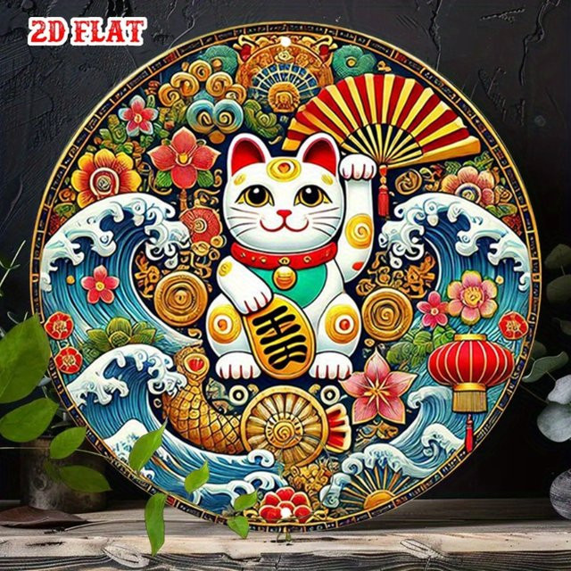 HELLOYOUNG Metallschild Lucky Cat im japanischen Stil, runde Wanddekoration aus Aluminium, Mehrfarbig, Durchmesser: 20 cm - Bild 1