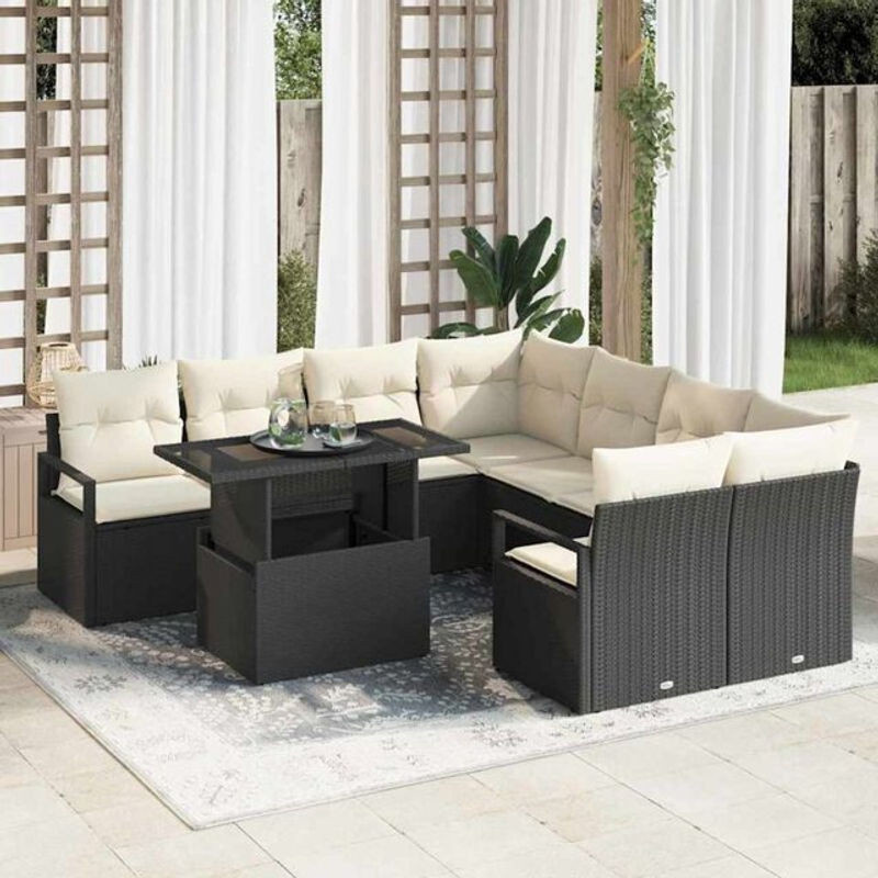 Vidaxl Garten-Sofa-Set aus 9 Teilen, modernes Loungemöbel in Schwarz und Creme, modular segmentiert, B/T/H: 100 x 55 x 73 cm - Bild 1