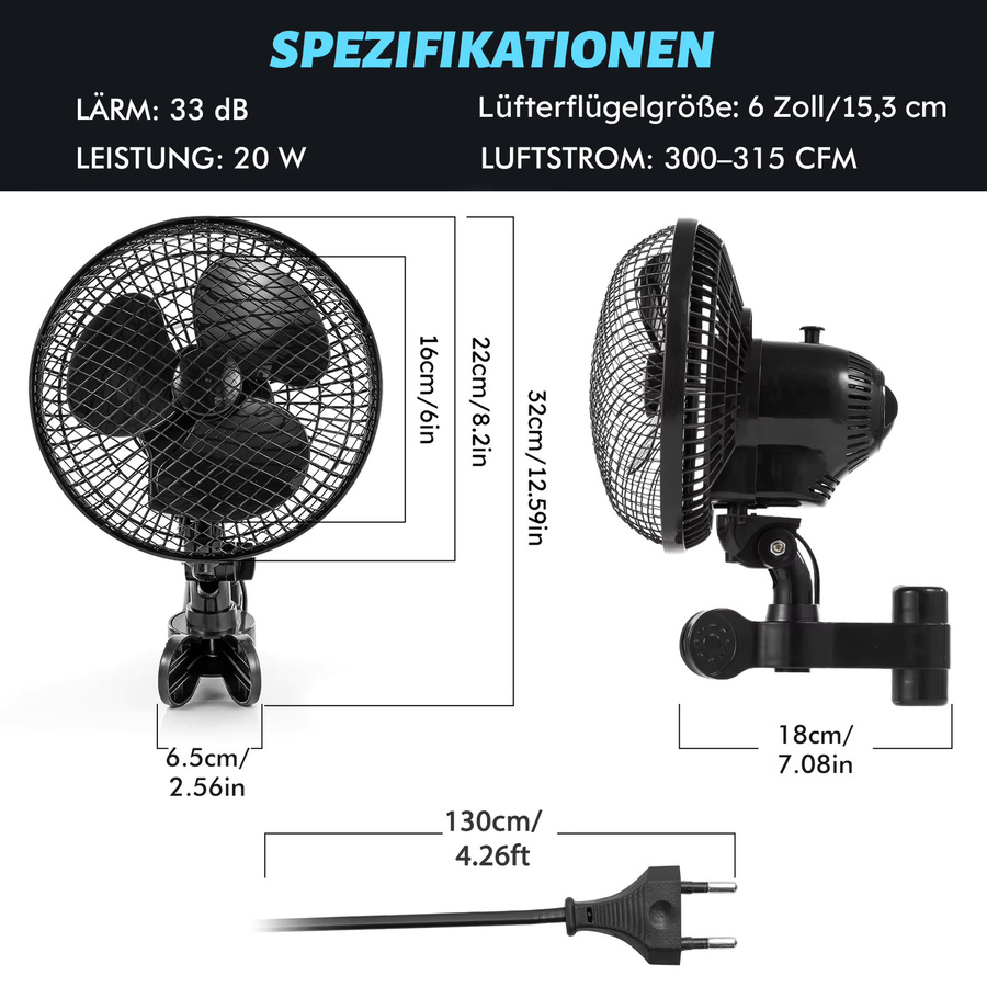 Schwenkbarer Grow Tent Clip-Ventilator in Schwarz für Hydroponik und Pflanzenwachstum mit Oszillation - Bild 3