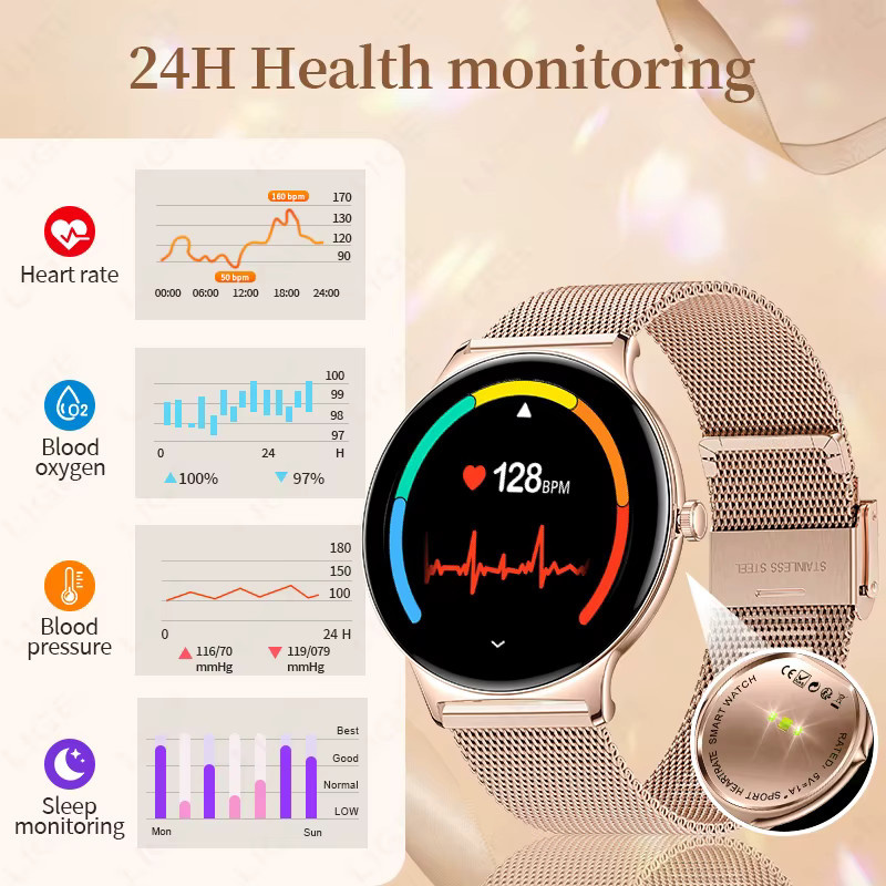 LIGE Ultradünne Smartwatch für Damen und Herren mit 1,43 Zoll AMOLED-Display, Bluetooth-Anruffunktion und Gesundheits-Tracker, wasserdicht, in Pink/Gold - Bild 3