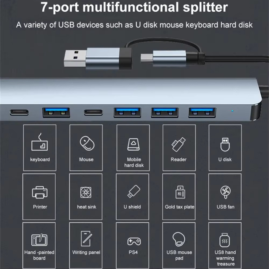 KEBIDUMEI 7-in-2 USB-C Dockingstation USB 3.0 Hub OTG Adapter in Silber für Laptop und Macbook - Bild 5