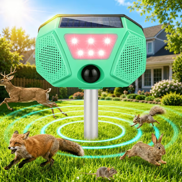SAIJZEK Solarbetriebener Tiervertreiber in Grün mit Bewegungssensor, LED-Blitz und Alarm sowie 4 Modi für den Gartenschutz im Freien - Bild 1