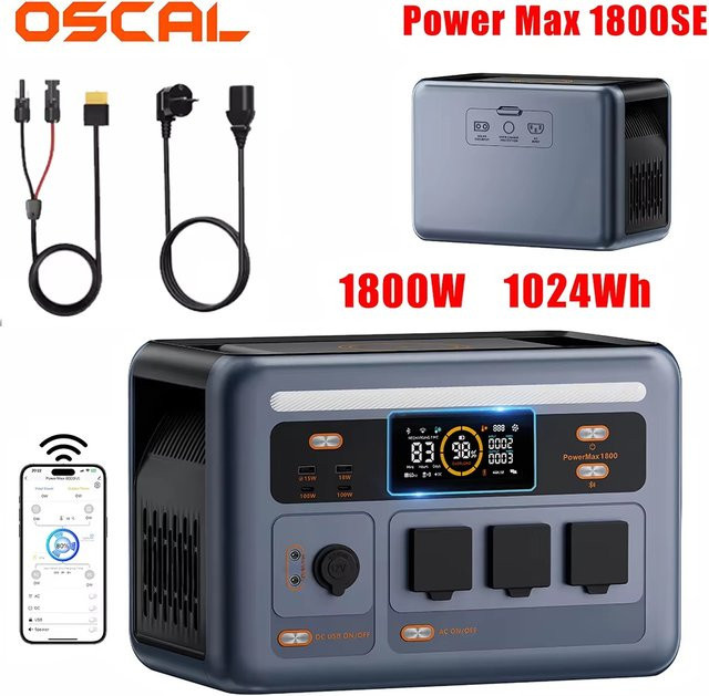 OSCAL Powermax 1800SE Tragbare Powerstation in Grau mit 1024Wh Kapazität, LiFePO4-Batterie, 1800W Nennleistung und 10 Ausgangsanschlüssen - Bild 1