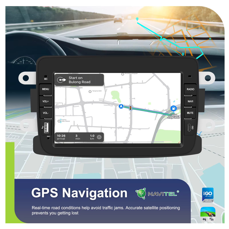 Podofo 2 Din Android Autoradio 7 Zoll für Renault Dacia Sandero Duster mit 4G+64G, GPS-Navigation, WLAN, kabellosem CarPlay, Android Auto und Bluetooth in Schwarz - Bild 3