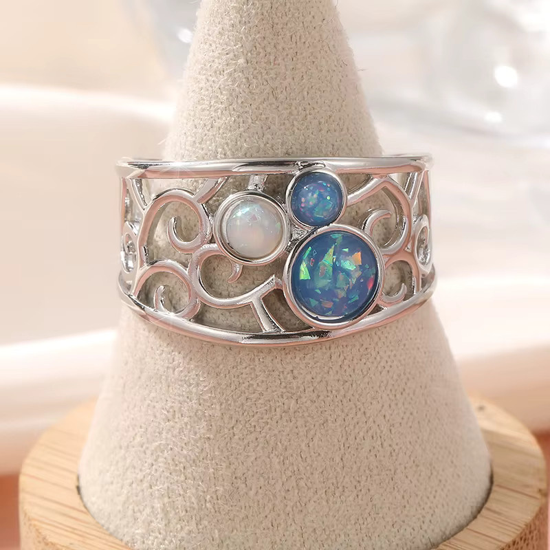 Ring synthetischer Türkis, Damen, Retro handgeschnitzter, strukturierter, hohler Ring - Bild 2