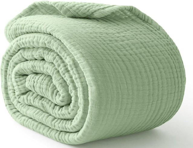 Atmungsaktive Musselin-Bettdecke aus 100 % Baumwolle als leichte Ganzjahres-Gaze-Überwurfdecke in Blau oder Beige, B/T: 150 x 130 cm - Bild 1