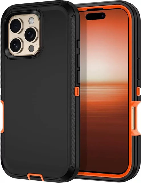 Stoßfeste Defender Schutzhülle für Apple iPhone 17 Air 16E 15 14 Plus 13 12 11 Pro Max in Schwarz und Orange - Bild 1