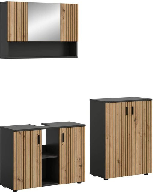 Badezimmer-Set Mone von xonox.home in Basalt Nachbildung und Artisan Oak Nachbildung, bestehend aus Waschtischunterschrank, Spiegelschrank und Wandschrank, B/H/T: 155 x 180 x 30 cm - Bild 1