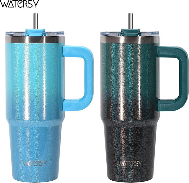 WATERSY 2er Set Isolierte Edelstahl Thermobecher mit Griff, 891 ml, Schwarz und Blau - Bild 1