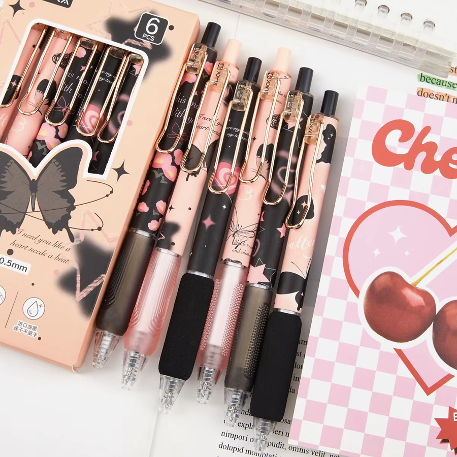 6er Set Einziehbare Gelstifte mit Schmetterling und Rosen-Blumen-Design, 0,5 mm feine Spitze, Schwarze Tinte, Mehrfarbig - Bild 4