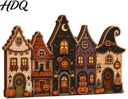 Happiness First Halloween Holzhaus Dekoration Retro Spukdorf Tischdekoration aus Holz in Mehrfarbig - Bild 1