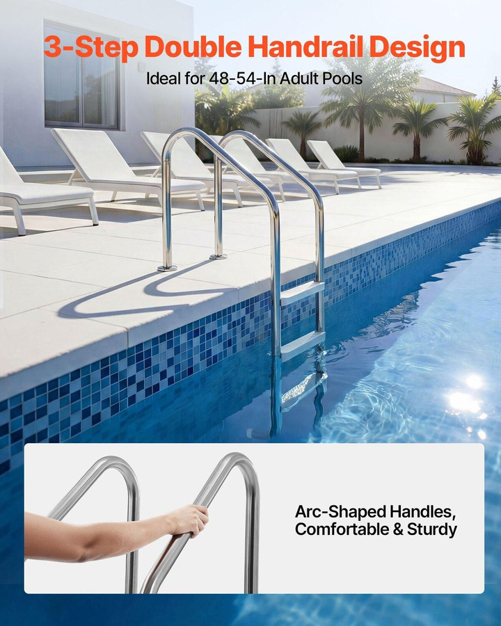Buying Solutions MB Schwimmbeckenleiter mit 3 Stufen und doppeltem Handlauf aus Edelstahl und PP in Silber und Weiß - Bild 5