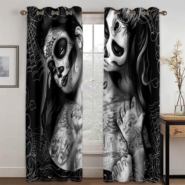 Yiran Furniture Vorhangset mit Skelett-Motiv in Schwarz, 2er-Set aus Polyester für Wohnzimmer, Küche oder Schlafzimmer, Höhe: 130 cm, Breite: 100 cm - Bild 1