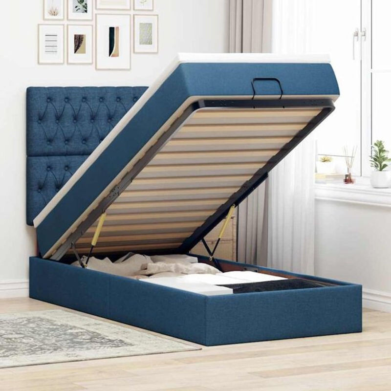 vidaxl Ottoman Polsterbett mit Matratze und LED-Beleuchtung in Blau, B/T/H: 90 x 190 x 128 cm - Bild 1