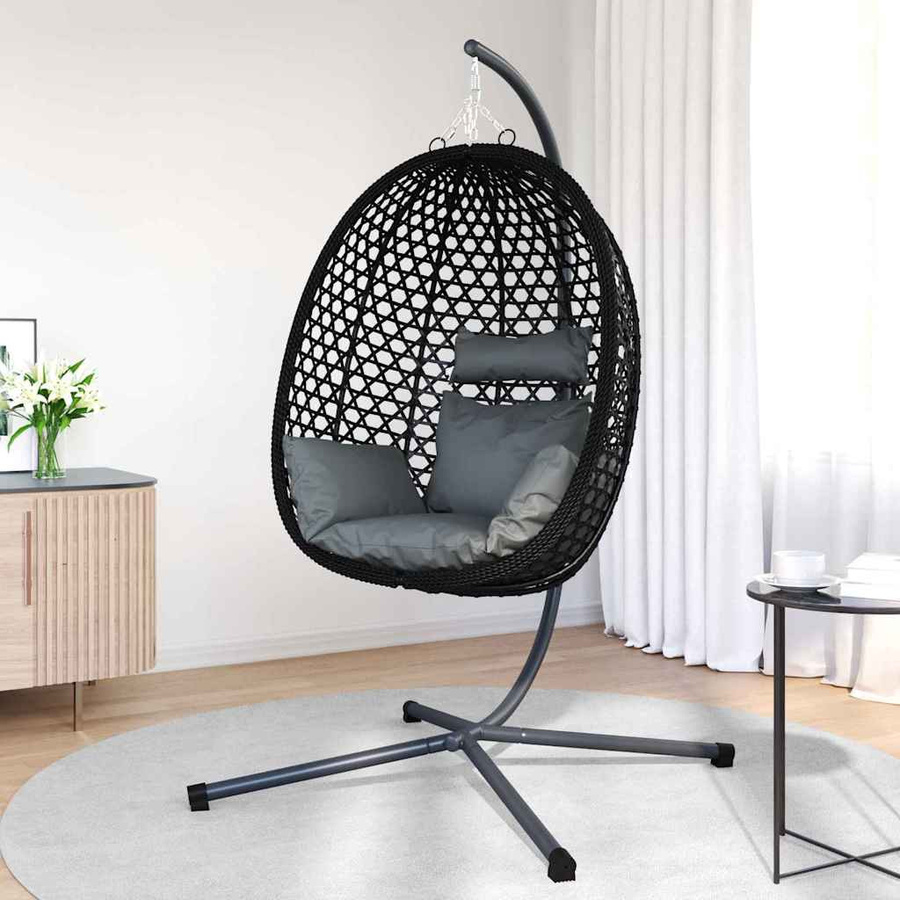 vidaXL Hängesessel Eierstuhl mit Ständer und Kissen in Anthrazit und Schwarz aus Poly Rattan, B/T/H: 104 x 100 x 191 cm - Bild 5